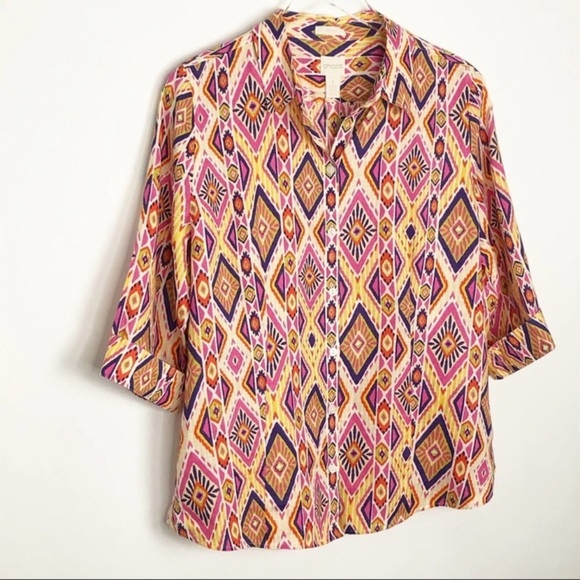 CHICOS Effortless No-Iron Ikat Linen Button Back Shirt - Picture 6 of 11